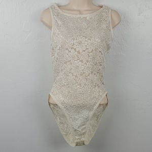 Vintage Gaviota cream stretch lace bodysuit lace nylon women size M